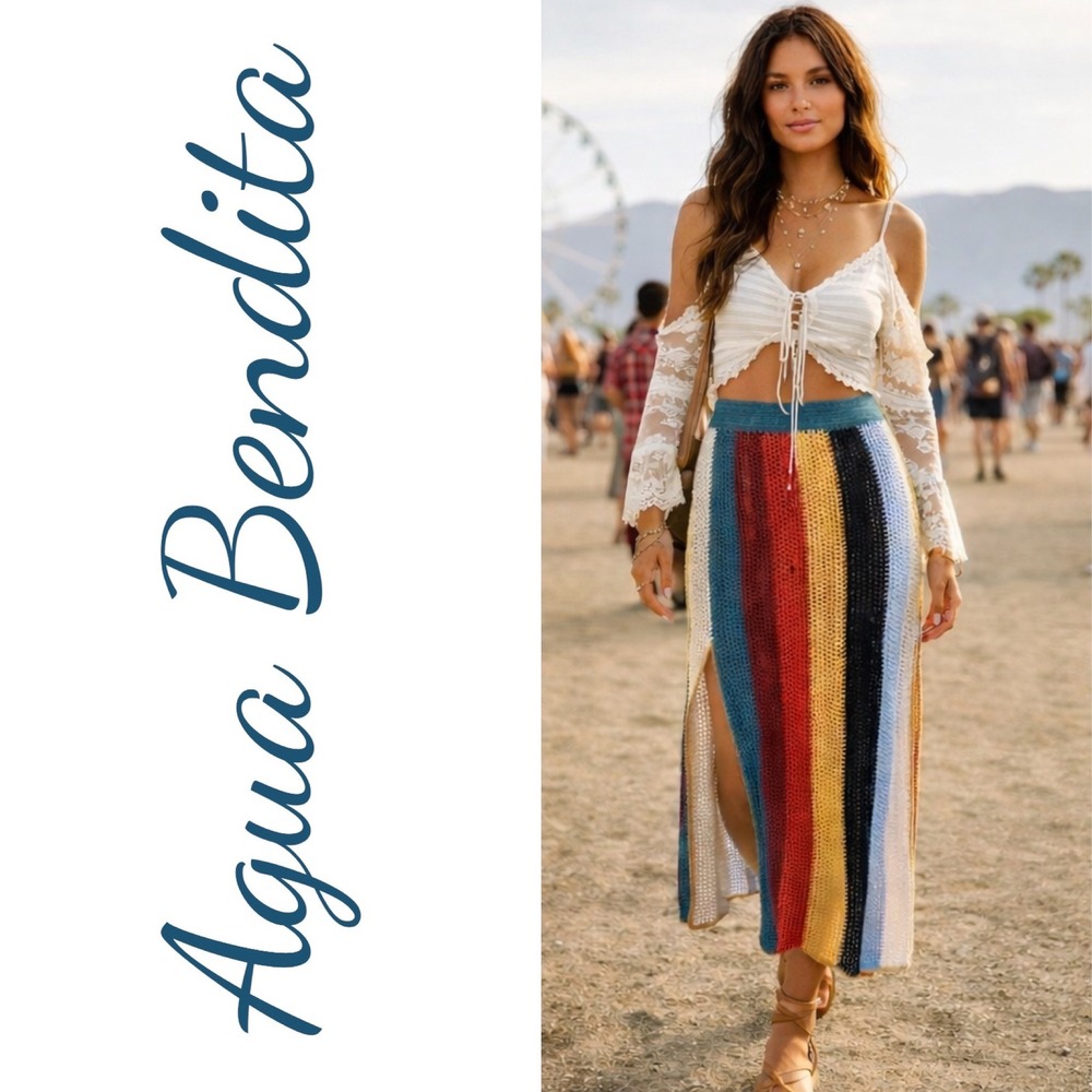 Agua Bendita Cyprus Fera Crochet Maxi Skirt Bold Striped‎ Resortwear Boho Small